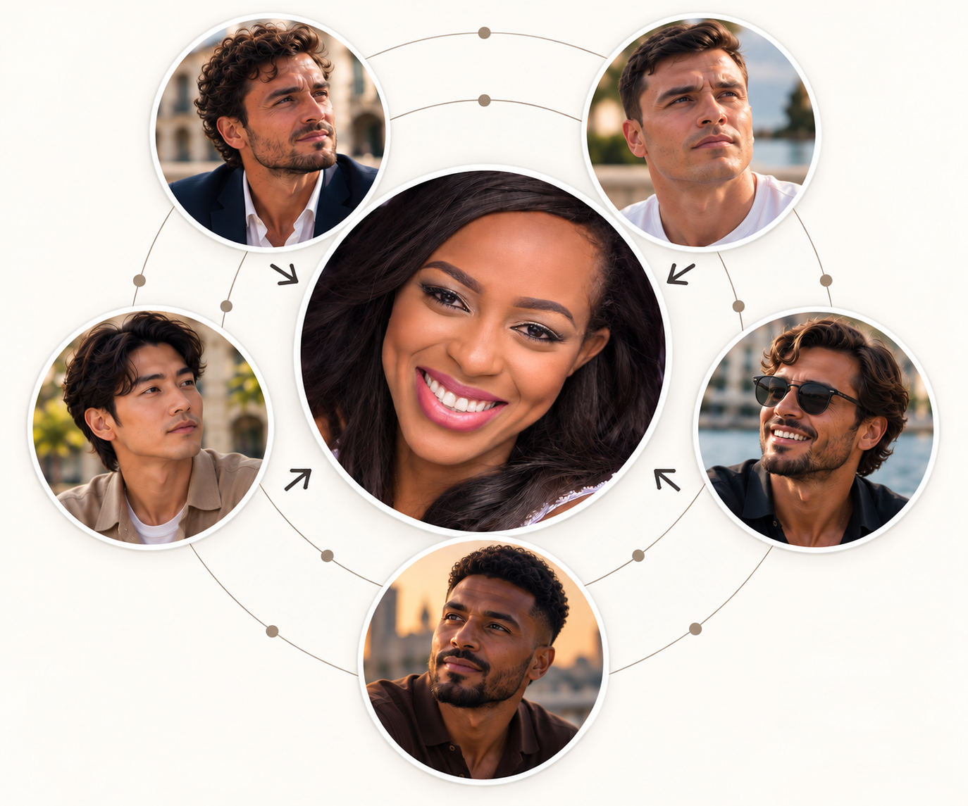 A woman at the centre of an orbit of five men, with arrows pointing inward